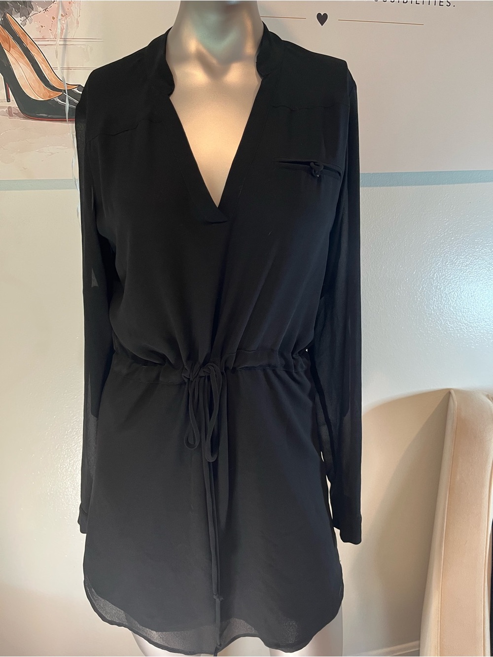 Naked Zebra Black Long-Sleeve V-Neck Drawstring Waist Dress
